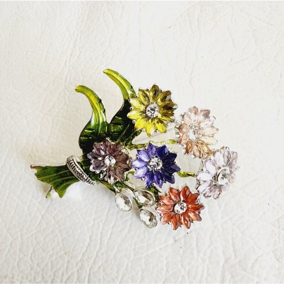 Signed NAPIER Enamel Flower Bouquet Silver Tone Rhinestones Brooch 2.5 In - Picture 2 of 5